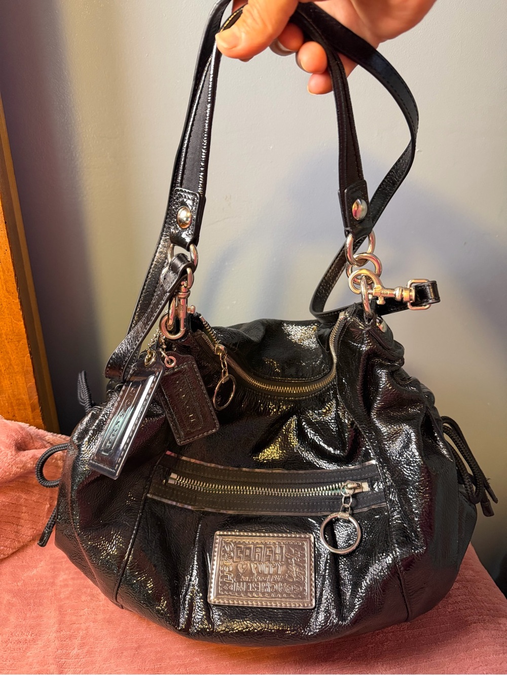Coach Black Patent Leather Shoulder Bag with Silver Hardware